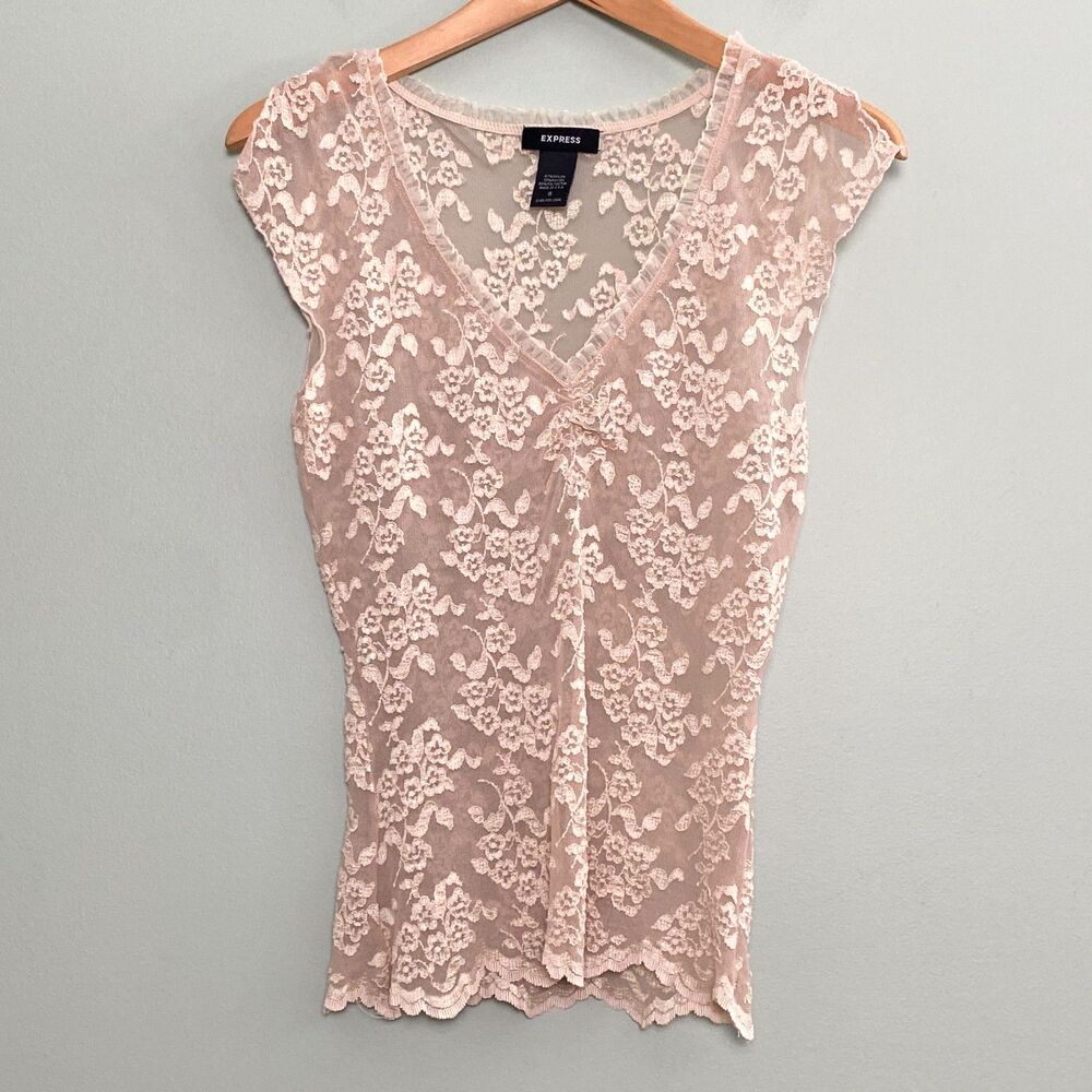 Express Y2K Lace Babydoll Top Womens Small Champagne Pink Sheer Floral Vintage